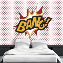Fototapetas Artgeist Bang! - Modern Motif With Yellow Text On A Background Of Red Dots MNEW011381, 105 cm x 150 cm