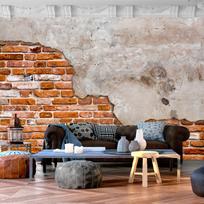 Fototapetas Artgeist Eclectic Masonry - Slabs Of Textured Concrete On A Background Of Red Bricks, 280 cm x 400 cm