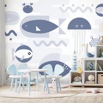 Fototapetas Artgeist Minimalist Ocean - Geometric Fish And Crabs In Water For Kids, 315 cm x 450 cm