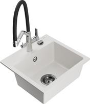 Plautuvė su virtuviniu maišytuvu Mexen Milo Duo, granitas, 43.5 cm x 41 cm x 17.1 cm, balta sp./sidabro sp./juoda sp.