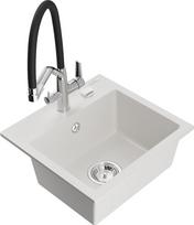Plautuvė su virtuviniu maišytuvu Mexen Milo Duo, granitas, 43.5 cm x 41 cm x 17.1 cm, balta sp./juoda sp./chromo sp.
