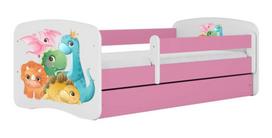 Vaikiška lova Kocot Kids Tiny Dinos, balta sp./rožinė sp., 70 x 140 cm, be patalynės dėžės, be čiužinio