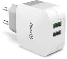 Telefono įkroviklis Celly Universal Dual USB Turbo Travel, USB/AC/DC, balta sp.