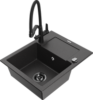 Plautuvė su virtuviniu maišytuvu Mexen Enzo Black granite+Black, granitas, 57 cm x 46 cm x 17.4 cm, black granite+black
