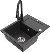 Plautuvė su virtuviniu maišytuvu Mexen Enzo Black granite+Black, granitas, 57 cm x 46 cm x 17.4 cm, black granite+black