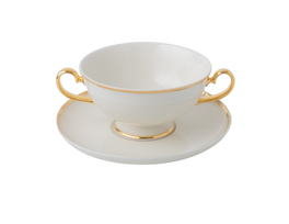 Puodelis su lėkštute Quality Ceramic Prima Gold, aukso sp./balta sp., 0.280 l