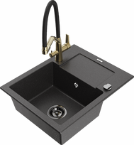 Plautuvė su virtuviniu maišytuvu Mexen Enzo Black granite+Black/Gold, derva/granitas, 57.6 cm x 46.5 cm x 17.4 cm, balta sp./juoda sp.