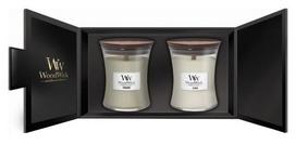 Žvakė, rinkinys, aromatinė WoodWick Gift Set Fireside/Linen, 65 h, 2 vnt., balta sp./juoda sp.
