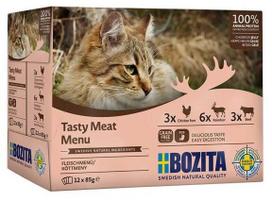 Šlapias kačių maistas Bozita Tasty Meat Menu, jautiena/vištiena/elnių mėsa, 12 x 85 g