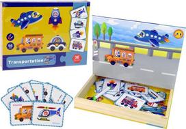 Magnetinė knyga - dėlionė, transporto priemonės Lean Toys, įvairių spalvų, 56 vnt.