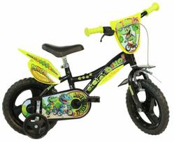 Vaikiškas dviratukas su papildomais ratukais, vaikų Dino Bikes Dinosaur BOTTARI.612L-DSA, juoda sp./geltona sp./žalia sp., 12"