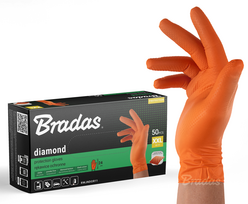 Darbo pirštinės vienkartinės Bradas Diamond, suaugusiems, oranžinė sp., XXL, 50 vnt.