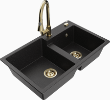 Plautuvė su virtuviniu maišytuvu Mexen Tomas, granitas, 80 cm x 50 cm x 19 cm, metallic black/silver+gold sp.