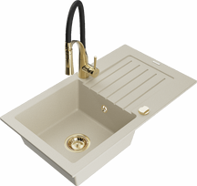 Plautuvė su virtuviniu maišytuvu Mexen Pablo, granitas, 75.2 cm x 43.6 cm x 16.1 cm, beige+black/gold sp.