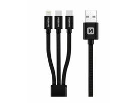 Universalus įkroviklis ir duomenų perdavimo kabelis Swissten 3in1, Lightning/USB Type-C, juoda sp.
