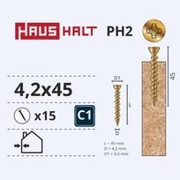 Medsraigtis, osb plokštėms Haushalt PH, 4.2 x 45 mm, geltona sp., 15 vnt.