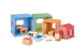 Medinės kaladėlės, rinkinys Hape Happy Stables, įvairių spalvų