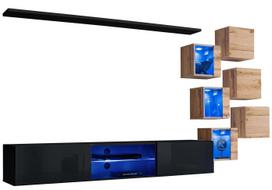 Sekcija ASM Switch XXI, ąžuolo sp./juoda sp./skaidri sp., 260 cm x 40 cm x 140 cm