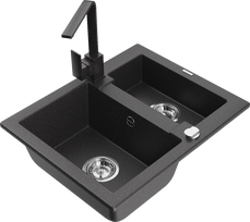 Virtuvinė plautuvė Mexen Carlos 6518581500-76+670300-76, granitas, 58 cm x 47 cm x 17.7 cm, black granite col.