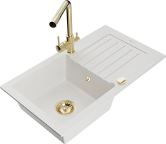 Virtuvinė plautuvė Mexen Pablo 6510751010-20+671600-50+66911-50, granitas, 75 cm x 43 cm x 16.1 cm, white+gold