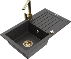 Virtuvinė plautuvė Mexen Pablo 6510751010-76+670300-50+66911-50, granitas, 75 cm x 43 cm x 16.1 cm, black granite+gold