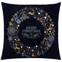 Kalėdinis dekoratyvinės pagalvėlės užvalkalas Merry Christmas, aukso sp./balta sp./tamsiai mėlyna sp., 40 cm x 40 cm