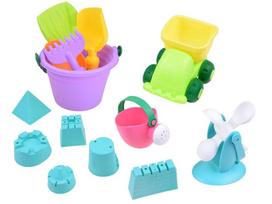 Smėlio žaislų rinkinys su automobiliu, kibiru ir kitais priedais, įvairių spalvų