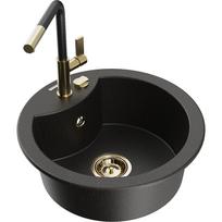 Plautuvė su virtuviniu maišytuvu Mexen Diego, granitas, 48.8 cm x 48.8 cm x 16.7 cm, metallic black/gold+black/gold sp.