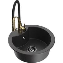 Plautuvė su virtuviniu maišytuvu Mexen Diego, granitas, 48.8 cm x 48.8 cm x 16.7 cm, black granite+black/gold sp.