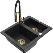 Plautuvė su virtuviniu maišytuvu Mexen Carlos, granitas, 58.2 cm x 47.5 cm x 17.7 cm, metallic black/silver+black/gold sp.