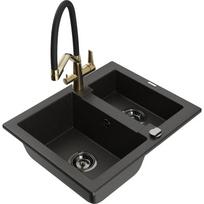 Plautuvė su virtuviniu maišytuvu Mexen Carlos, granitas, 58.2 cm x 47.5 cm x 17.7 cm, metallic black/gold+black/gold sp.