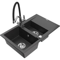 Plautuvė su virtuviniu maišytuvu Mexen Gaspar, granitas, 73.7 cm x 47.5 cm x 17.7 cm, black granite+black/chrome sp.