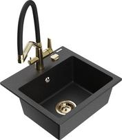 Plautuvė su virtuviniu maišytuvu Mexen Milo, granitas, 43.5 cm x 41 cm x 17.1 cm, metallic black/silver+black/gold sp.