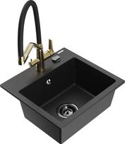 Plautuvė su virtuviniu maišytuvu Mexen Milo, granitas, 43.5 cm x 41 cm x 17.1 cm, metallic black/silver+black/gold sp.