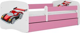 Vaikiška lova Kocot Kids Babydreams Racing Car, balta sp./rožinė sp., 80 x 160 cm, su patalynės dėže, su čiužiniu