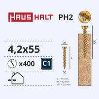 Medsraigtis, osb plokštėms Haushalt, 4.2 x 55 mm, geltona sp., 400 vnt.