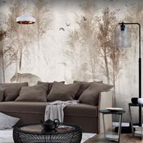 Fototapetas Artgeist Among the trees - landscape in grey tones in fog in a clearing with birds, 140 cm x 196 cm