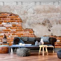 Fototapetas Artgeist Eclectic Masonry - Slabs Of Textured Concrete On A Background Of Red Bricks, 280 cm x 392 cm