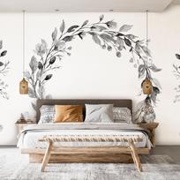 Fototapetas Artgeist Romantic Wreath - Grey Plant Motif With Leaves With Rose Pattern, 315 cm x 315 cm