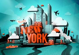 Fototapetas Artgeist Street Art - Red New York Text With Skyscraper And Car Motif LNEW010498, 140 cm x 140 cm