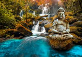 Fototapetas Artgeist Orient - Landscape With Buddha Sculpture On A Background Of A Waterfall And Exotic Forest 3XLFT848SAM, 70 cm x 98 cm