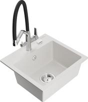 Plautuvė su virtuviniu maišytuvu Mexen Milo Duo, granitas, 43.5 cm x 41 cm x 17.1 cm, balta sp./juoda sp./chromo sp.