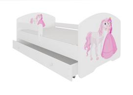 Vaikiška lova ADRK Pepe Princess And Horse, balta sp./rožinė sp., 70 x 140 cm, su patalynės dėže, su čiužiniu