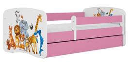 Vaikiška lova Kocot Kids Animals, balta sp./rožinė sp., 70 x 140 cm, su patalynės dėže, su čiužiniu