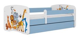 Vaikiška lova Kocot Kids Animals, mėlyna sp./balta sp., 80 x 180 cm, su patalynės dėže, su čiužiniu