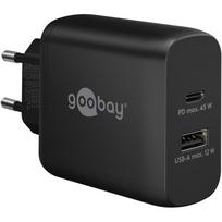 Telefono įkroviklis Goobay Dual Quick Charger, USB Type C/USB Type A, 5.6 cm, juoda sp., 45 W