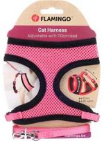 Kačių petnešos su pavadėliu Flamingo Cat 561596, 32 - 48 cm x 10 mm, juoda sp./rožinė sp.