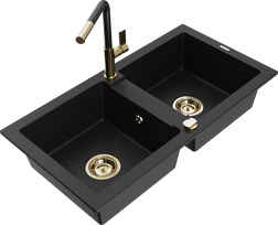 Plautuvė su virtuviniu maišytuvu Mexen Mario Black+Black/Gold, granitas, 82 cm x 43 cm x 16.1 cm, black+black/gold sp.
