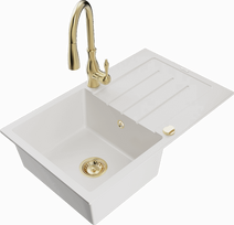 Plautuvė su virtuviniu maišytuvu Mexen Bruno White+Gold, granitas, 79 cm x 49 cm x 20 cm, aukso sp./balta sp.