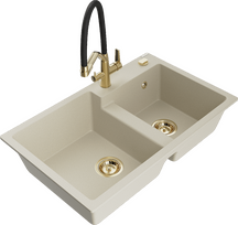 Plautuvė su virtuviniu maišytuvu Mexen Tomas Beige+Black/Gold, granitas, 80 cm x 50 cm x 19 cm, beige+black/gold sp.